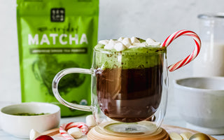 photo of hot chocolate made with matcha green tea powder, with candy canes and Christmas globes in the background