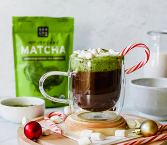 photo of hot chocolate made with matcha green tea powder, with candy canes and Christmas globes in the background